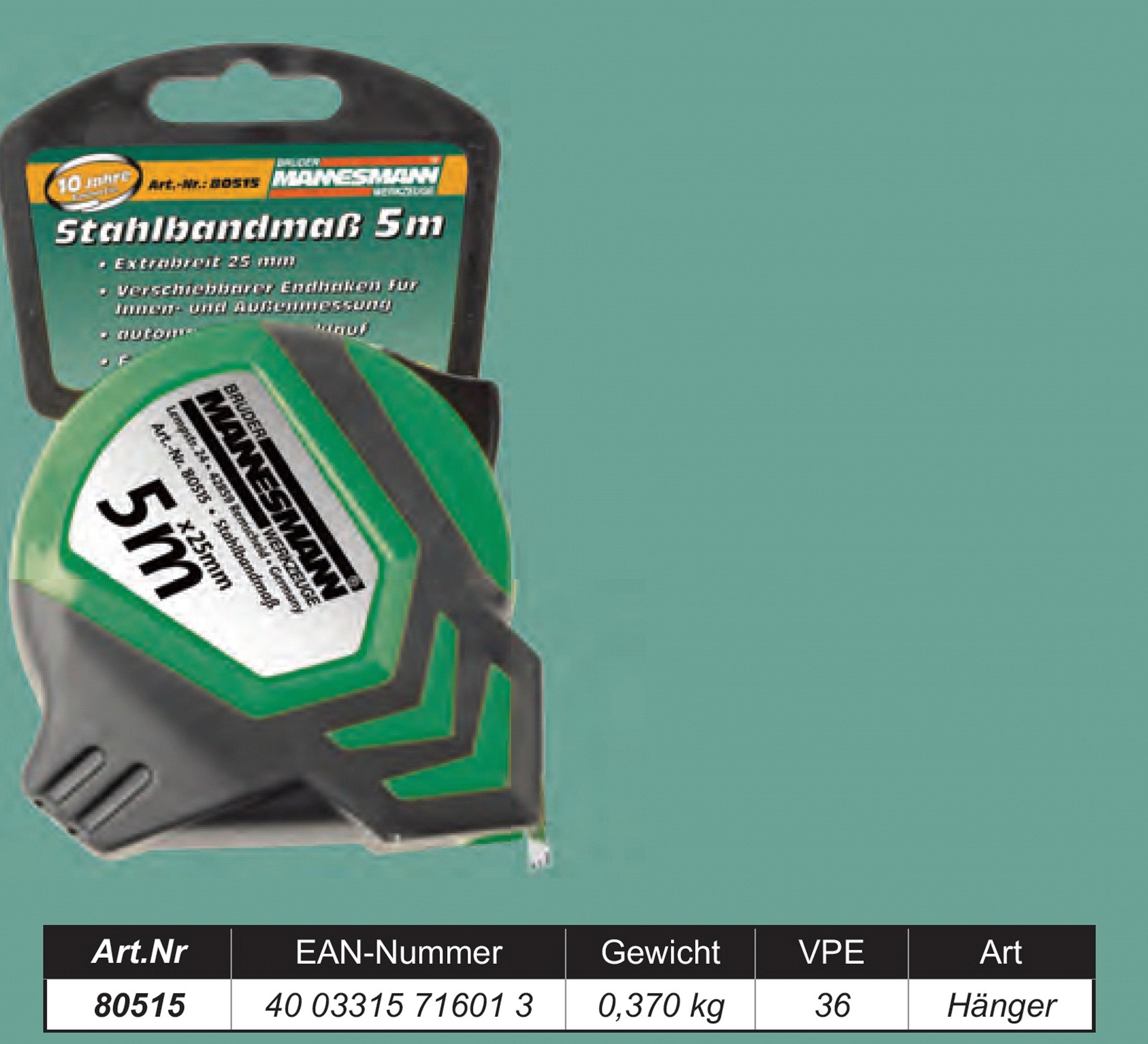 Tape measure 5 mx 25 mm, green/black housing